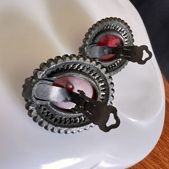 Vintage Gripoix Style Cabochon Earrings Clip On Oxblood Silver Tone Ornate 4576 - Picture 8 of 10